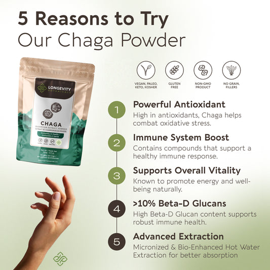 Chaga Mushroom Powder 10:1 Extract. Immune System & Cellular Health Aid (3.5oz / 100g)