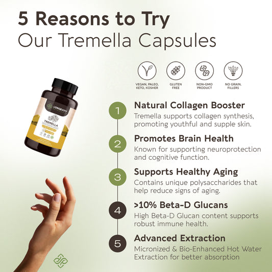 Tremella Capsules Mushroom 10:1 Extract (120 Count) Skin Hydration Redefined