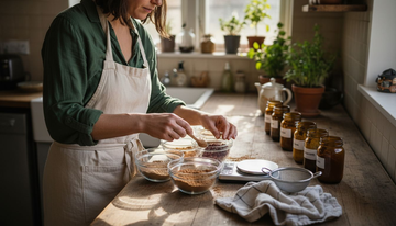 Woman preparing mushroom powder blends in kitchen