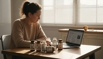 Nutritionist examining mushroom supplements at kitchen table