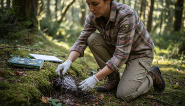 Ecologist examining mycelium network in forest