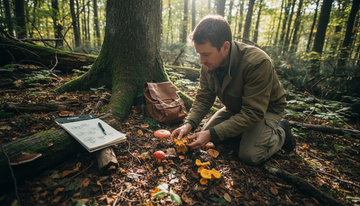 Mycologist studying mushrooms in forest ecosystem