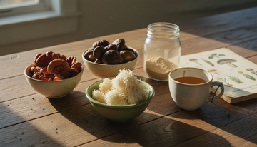 Assortment of medicinal mushrooms on kitchen table
