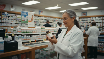 Pharmacist inspecting antioxidant supplement bottle