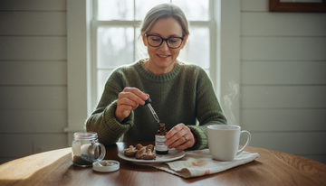 Woman preparing mushroom extract in a kitchen
