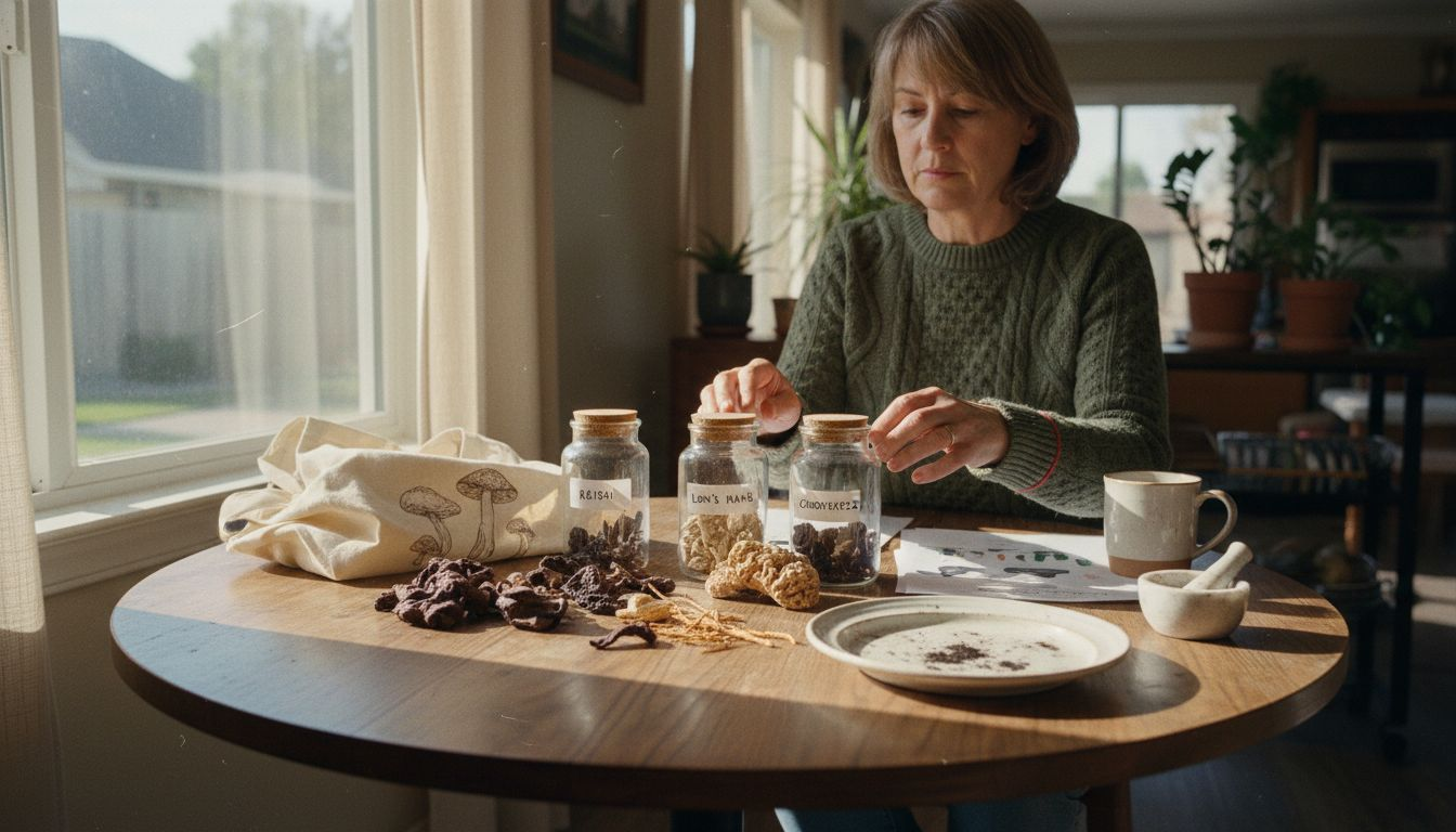 Nutritionist preparing mushroom blends on table