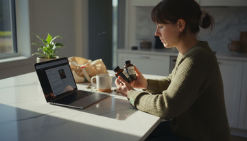 Woman comparing mushroom extract supplements in kitchen