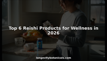 Woman reading Reishi supplement label in kitchen