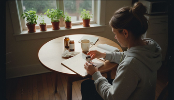 Woman tracking wellness with mushroom supplements