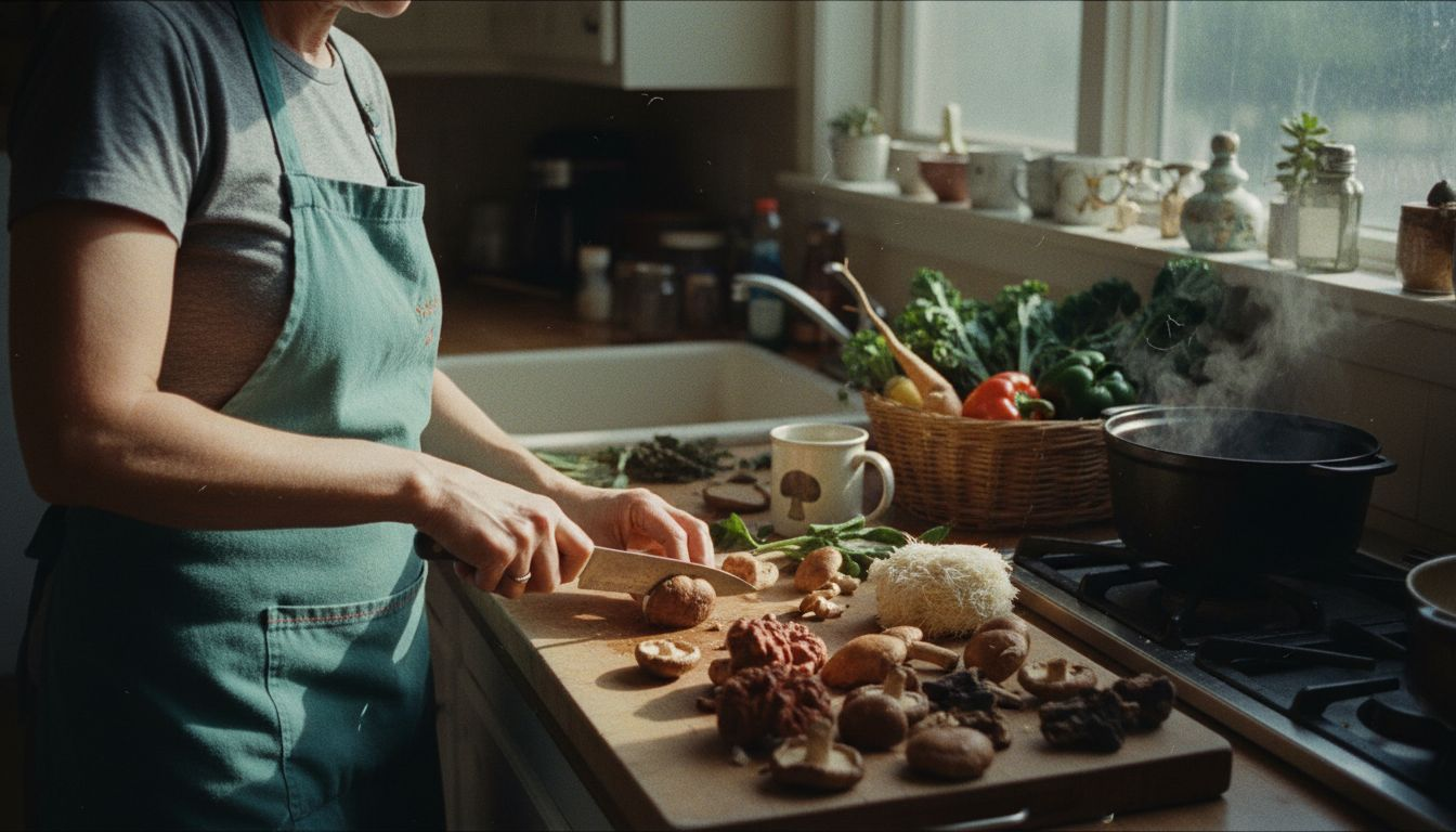 Woman preparing assorted wild mushrooms in kitchen