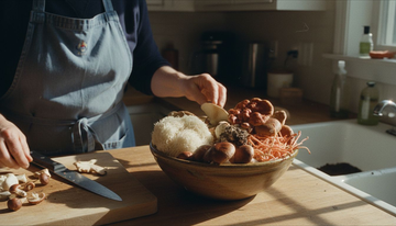 Person reaching for fresh superfood mushrooms
