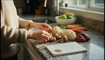 Woman arranging fresh mushroom varieties in kitchen