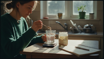 Woman measuring mushroom supplement dosage in kitchen
