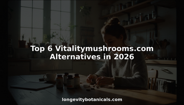 Woman reviewing mushroom supplement brands at kitchen table