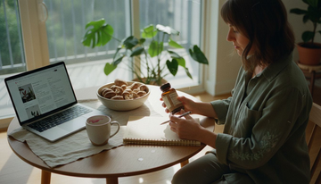 Woman researching mushroom supplement in apartment