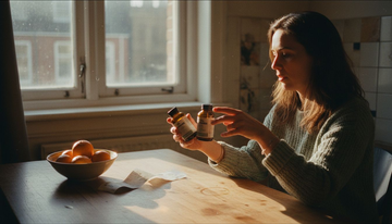 Woman reading mushroom supplement labels at kitchen table