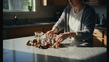 Mushroom blend capsules and fresh mushrooms on kitchen island