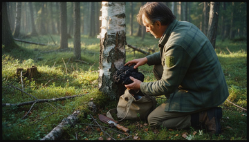 Forager inspects wild chaga mushroom on birch