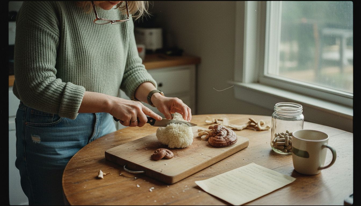 Woman preparing medicinal mushrooms at kitchen table