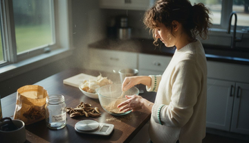 Woman blending mushroom powders on kitchen island