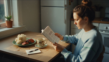 Woman reading about mushrooms for brain health