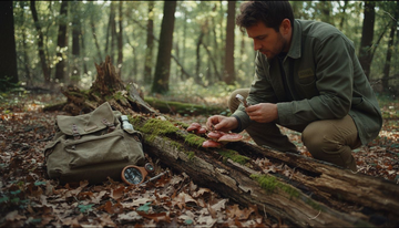 Person examining reishi mushrooms in forest