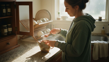 Preparing reishi tea at kitchen counter