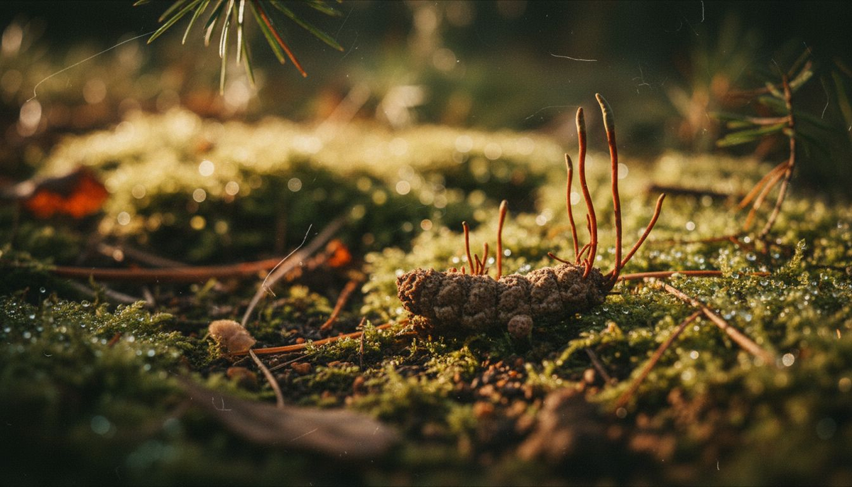 Cordyceps fungus growing from caterpillar on moss