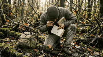 Forager examining Cordyceps mushrooms in forest