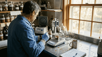 Lab technician measuring mushroom extract process
