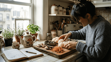 Nutritionist arranging brain health mushrooms in kitchen