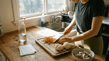 Woman preparing energy-boosting mushrooms in kitchen