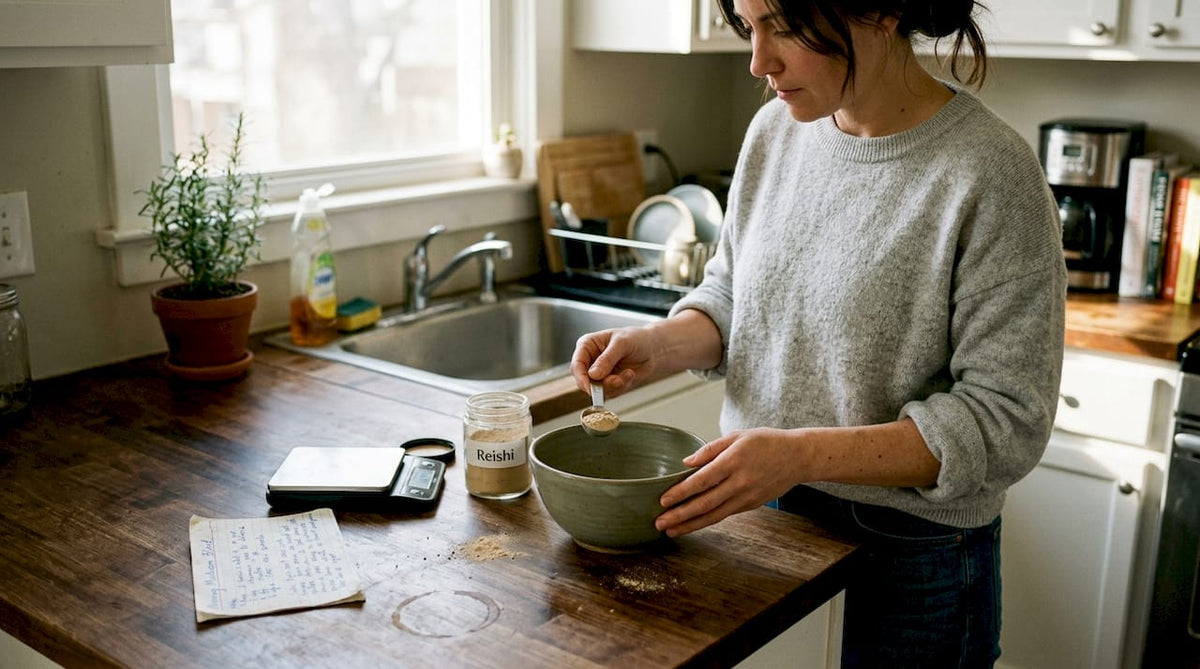 Woman blending mushroom extracts in kitchen