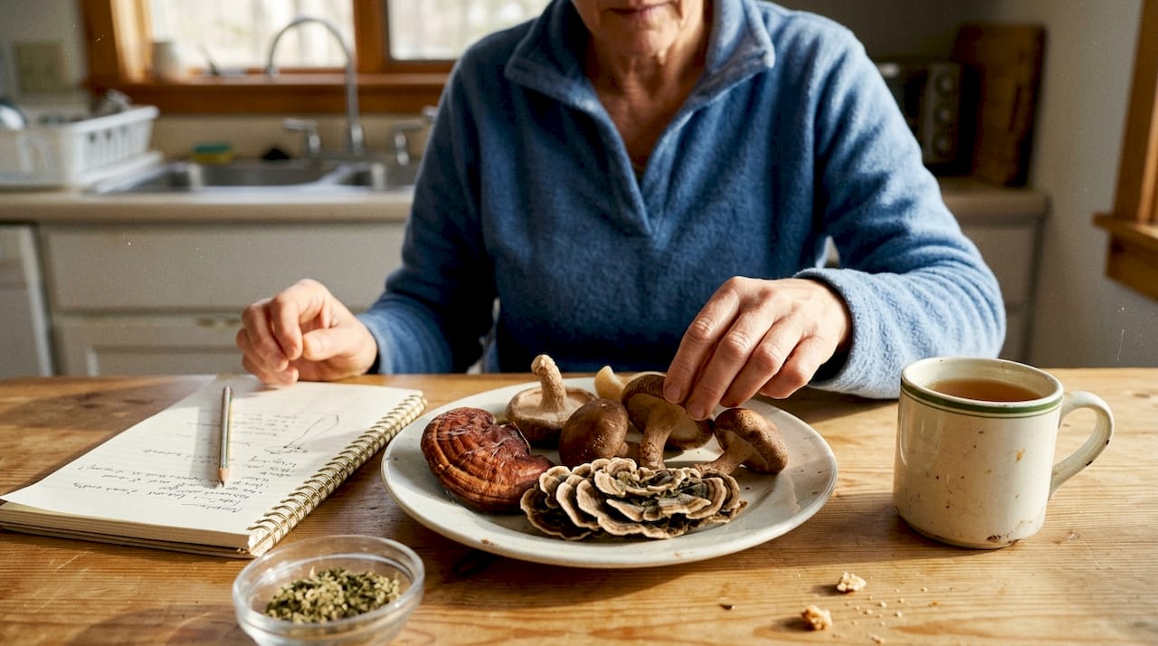 Woman examining variety of mushrooms on kitchen table