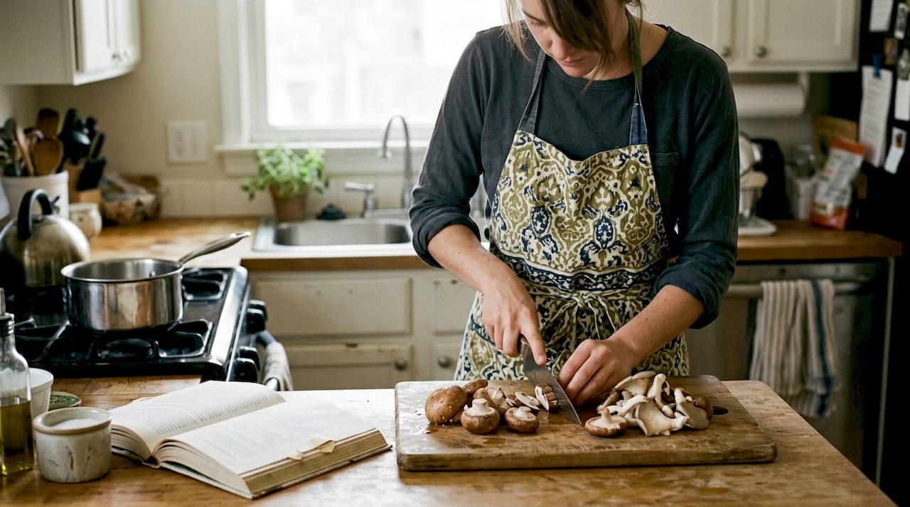 Woman preparing fresh mushrooms in bright kitchen