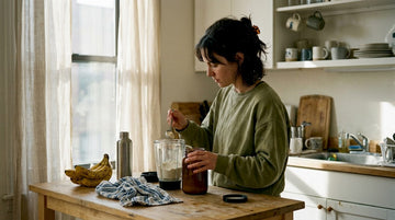 Woman prepares organic supplement smoothie in kitchen