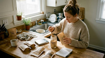 Woman preparing mushroom powder blend at kitchen counter