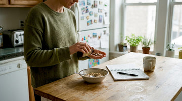 Woman preparing mushroom supplements in home kitchen