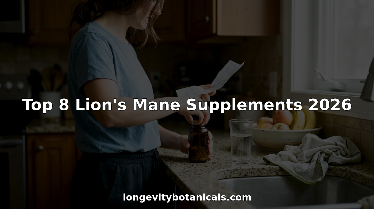 Woman taking lion’s mane supplement in kitchen