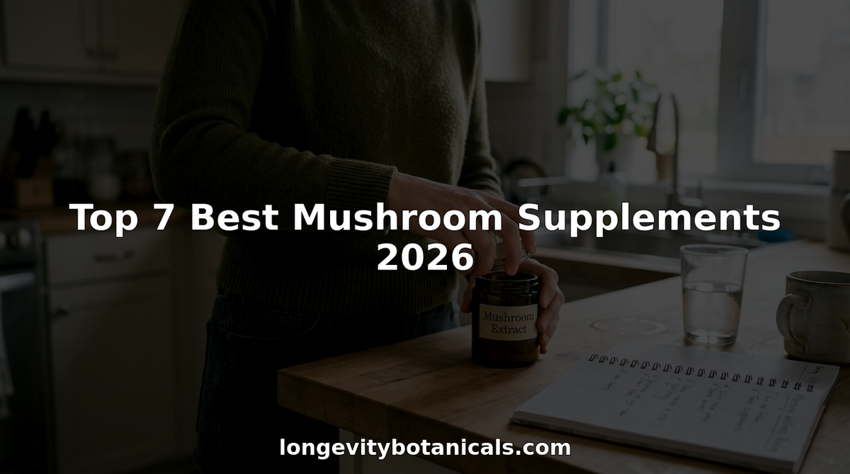 Woman starting day with mushroom supplement jar