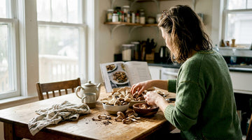 Woman sorting mushrooms on sunlit kitchen table