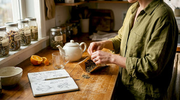Woman preparing herbal tea in sunlit kitchen