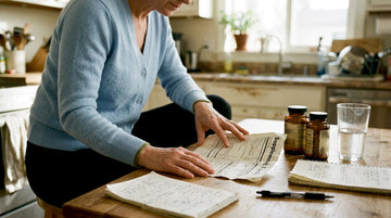 Woman reviews supplement information at kitchen table