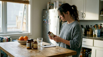 Woman checking mushroom supplement bottle in kitchen