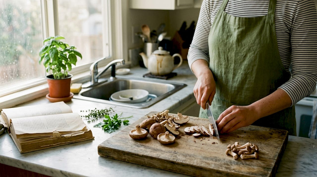 Preparing mushrooms in sunlit home kitchen