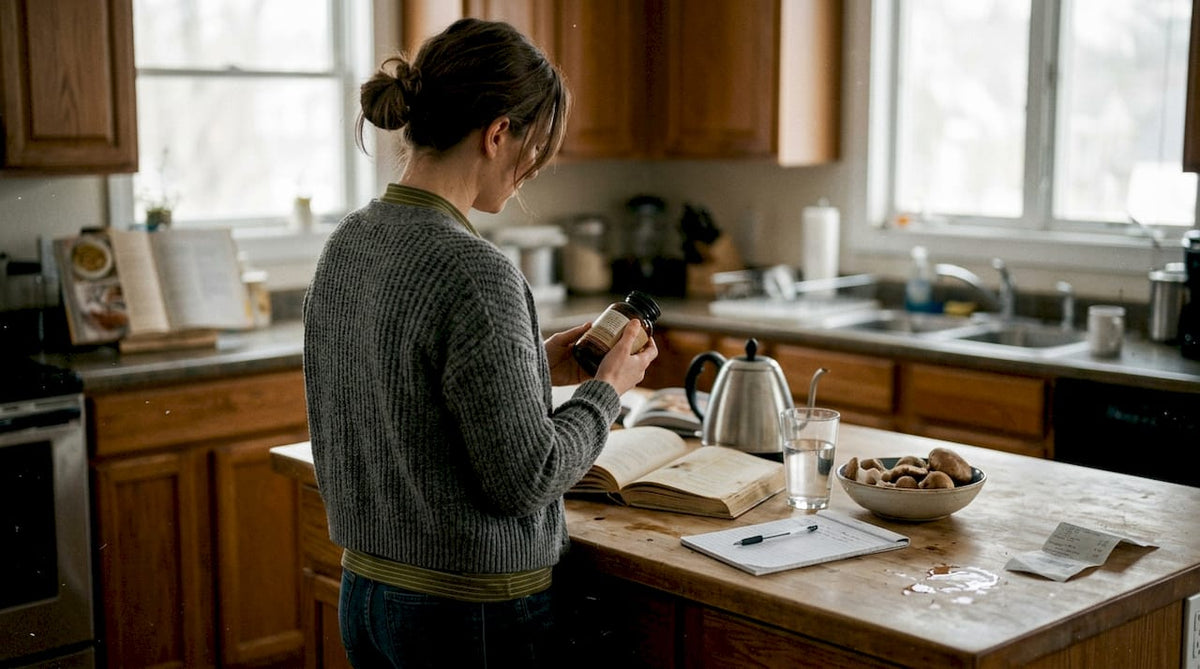 Woman researching mushroom supplement at home kitchen