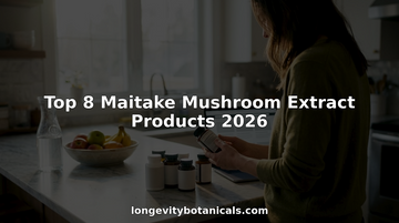 Woman reviewing Maitake mushroom extract bottles in kitchen