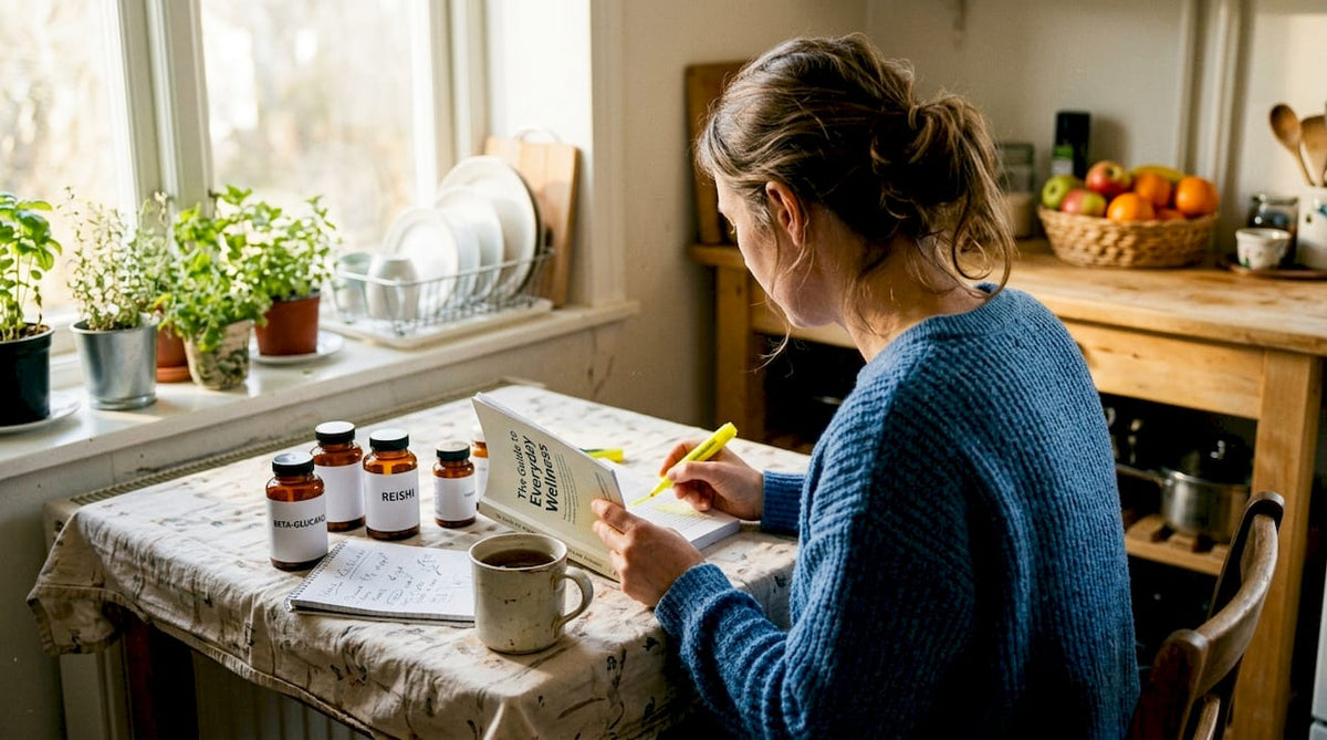 Woman reading about immune modulation at kitchen table