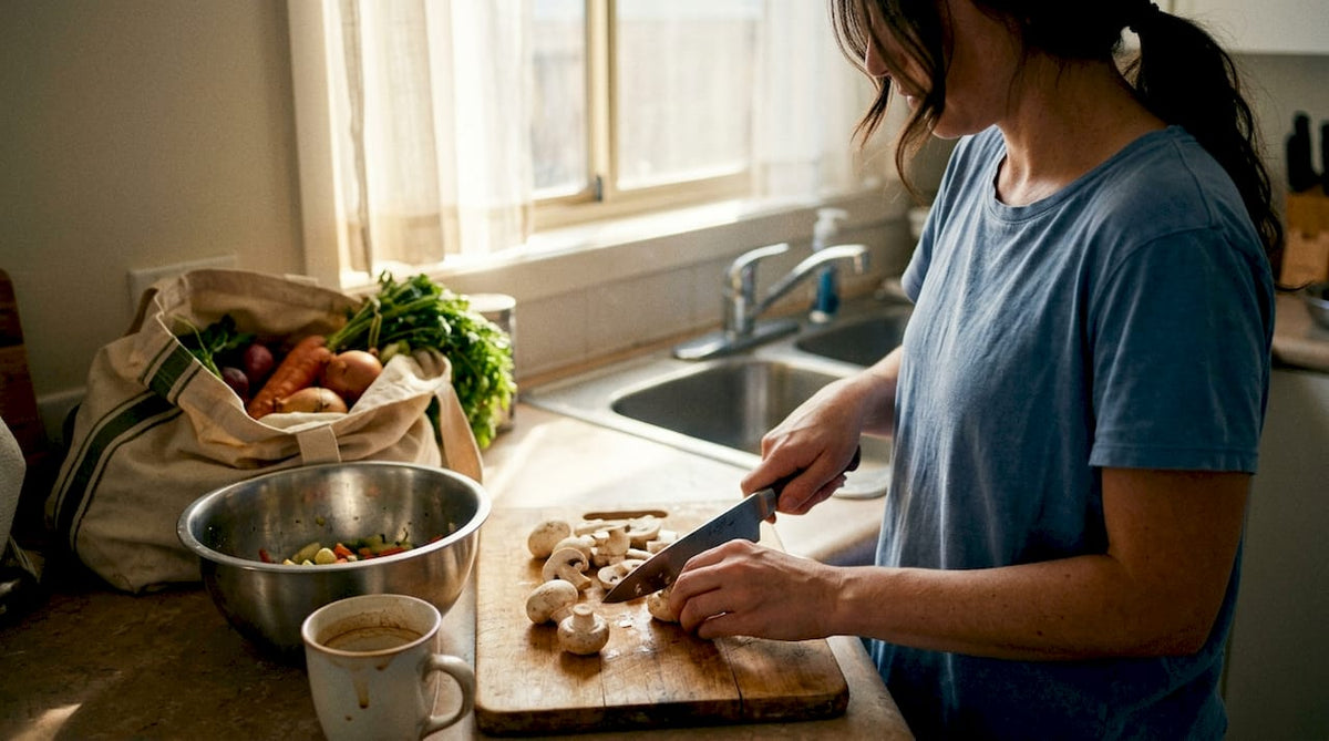 Woman chopping mushrooms in sunlit kitchen