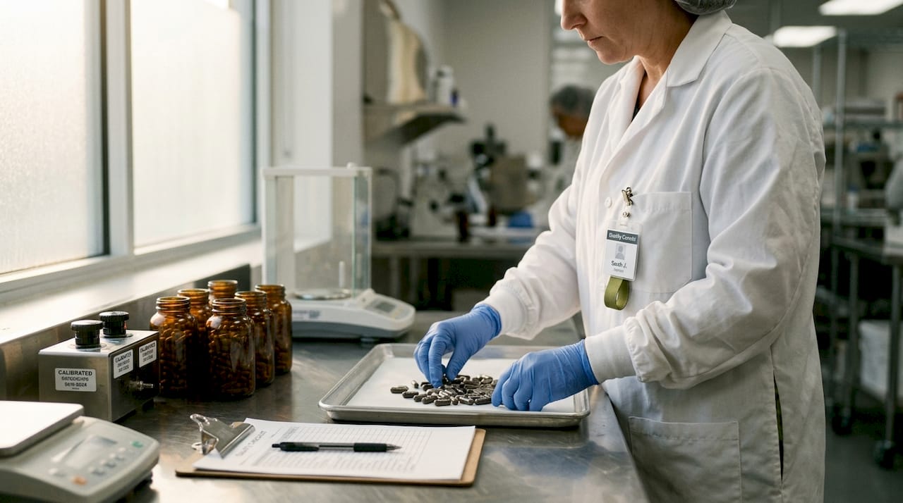 Technician inspecting mushroom supplement quality